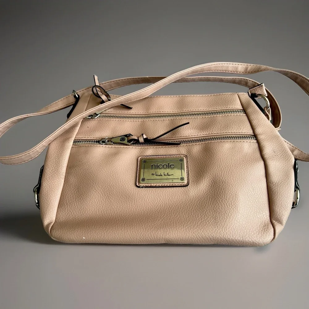 Nicole By NICOLE MILLER Leather Crossbody Handbag Three Zip Pockets Purse Pink